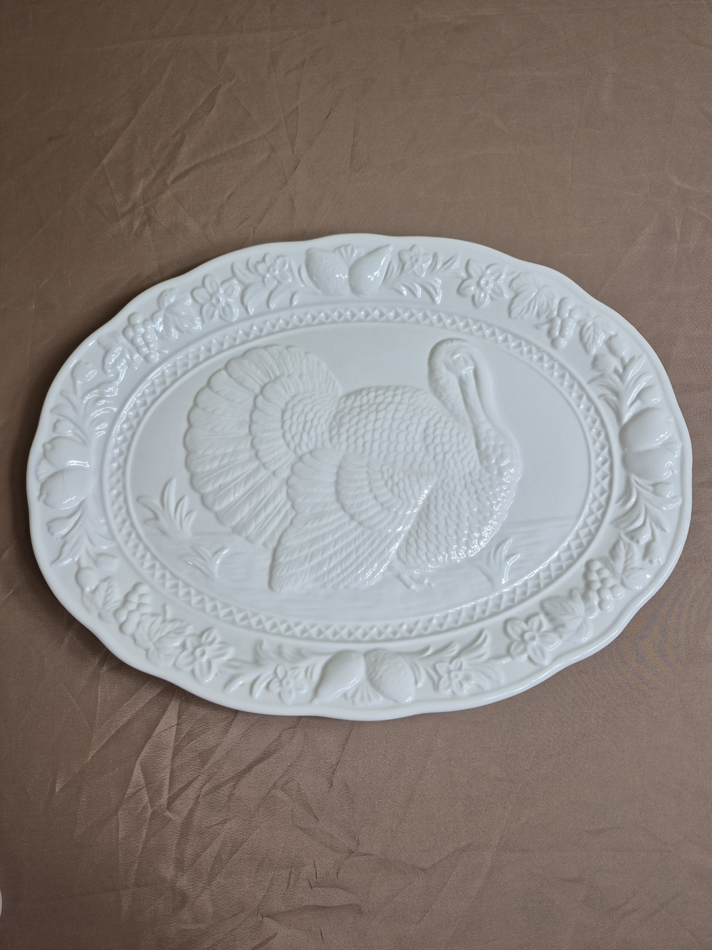 Vintage Japan 18"×14" White Ceramic Embossed Turkey Platter Thanksgiving